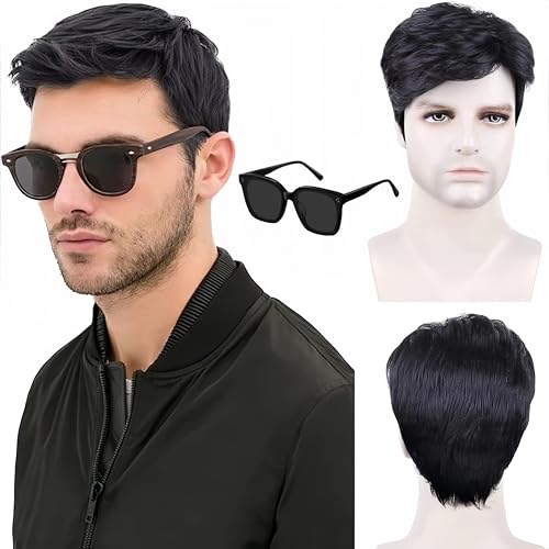SDXCJY Kurze Herrenperücke schwarz kurz schwarz Herrenperücke Kostüm für Herren 70er / 80er Jahre Disco lockiges flauschiges Cosplay-Haar Jungen-Perücken für den täglichen Gebrauch glattes