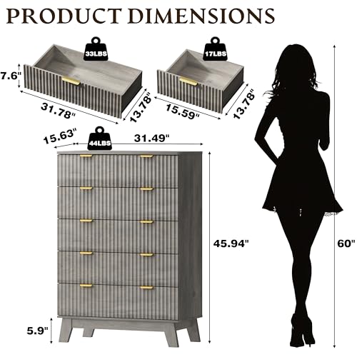 Image of BORNOON 46 inch Tall Dresser for Bedroom, 6-Drawer Fluted Chest of Drawers, Modern Wood Highboy with Deep Storage, Metal Slides and Handles, Anti-Tip Kit, Vertical Clothes Organizer for Apartment, Nursery
