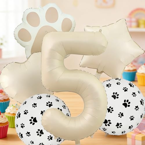 Image of 5th Birthday Dog Paw Balloons Set,18'' Paw Prints, Heart,Star,Paw Shaped Foil Balloon 40 Inch Cream Number 5 Helium balloons for Puppy Themed Third Anniversary Birthday Party Decorations Supplies 6PCS