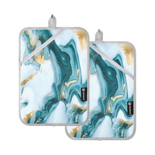 Quteprint 2 Pack Pot Holders, Marbling Teal Gold Texture 7x9.8 inch Heat Resistant Oven Mitts Gloves Hot Pads with Non-Slip Pockets, 170°C Heatproof Potholder Set for Kitchen, BBQ, Microwave, Table Pr