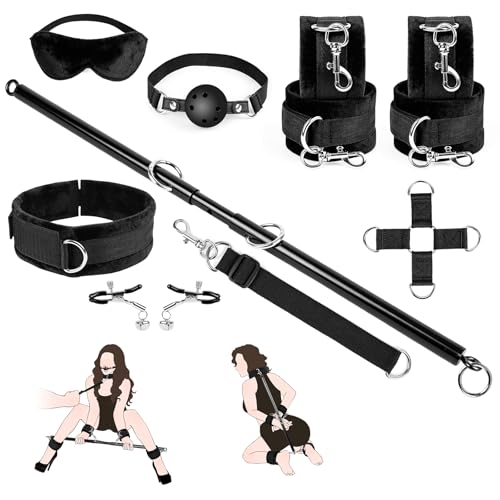 Bondage Set Spreizstange Sex Spielzeug für Die Paare BDSM Fesselset mit Handschellen Fußfessel Augenbinde Nippelklemmen Kreuzschnalle Sex Toys für Frauen Männer Anfänger Profi Extrem Hart