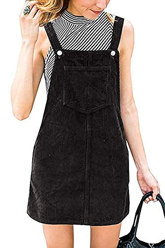TinyChic Womens Corduroy Suspender Skirt Mini Bib Pinafore Dress Black Overall Dress with Pockets L