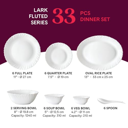 Image of Larah by Borosil Lark Fluted Series Opalware Dinner Set | 33 Pieces for Family of 6 | Microwave & Dishwasher Safe | Bone-Ash Free | Crockery Set for Dining & Gifting | Plates & Bowls | White