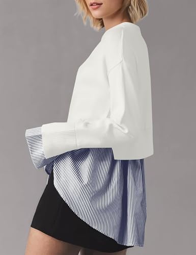 Women Side Split Crew Neck Pullover Sweater 2 in 1 Button Down Patchwork Knit Sweater Asymmetrical Hem Striped Shirt3