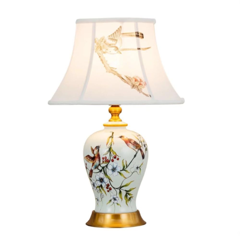 XINYASEE Lampade da tavolo in ceramica, lampada da tavolo per camera da letto con vaso a forma di uccello e fiore, lampada da comodino per soggiorno E27, paralume in tessuto (Bianco)