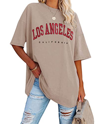 Tomwell Camiseta de manga corta para mujer de Los Ángeles con estampado de letras, camiseta suelta, túnica larga para adolescentes, Color caqui., XL