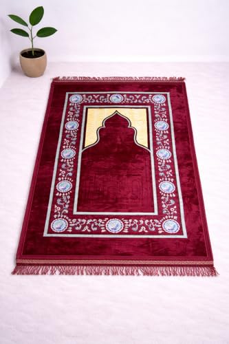 Image of Janamaz Prayer Mat Turkey Soft Velvet | Namaz Mat, Janimaz Namaz Aasan, Islamic Prayer Rug for Salah | 70x110 CM (Printed Red2)