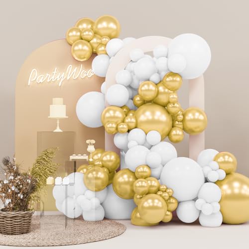 Image of PartyWoo White and Gold Balloons, 140 pcs White and Metallic Gold Balloons Different Sizes Pack of 18 Inch 12 Inch 10 Inch 5 Inch for Balloon Garland or Arch as Birthday Decorations, Party Decorations