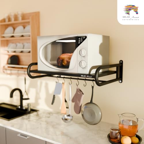 Image of Saifix Microwave Stand For Kitchen | Wall Mounted | Oven Stand | Dish Rack | Pot Racks | Utensil Organiser | Printer Shelf | Fax Rack (60 L x 40 W x 18 H CM's, OS-09, Black Color)