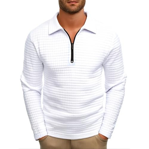 Mens Quarter Zip Sweatshirts Waffle Plaid Pullover Sweatshirts Long Sleeve Sweaters Solid Color Lapel Collar Tops