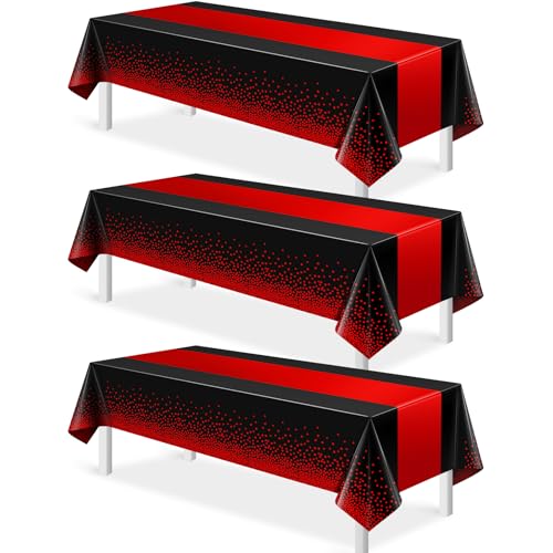 Image of MASHAN 3Pcs Black and Red Tablecloth Party Decorations,Plastic Black Table Cloth Printed Red Table Runner Disposable Rectangle Cover for Birthday Weeding Anniversary Graduation Party,54 x108 Inch