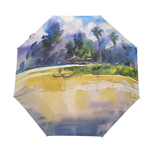 Parapluie pliable automatique coupe-vent au motif peinture à l'huile de bateau