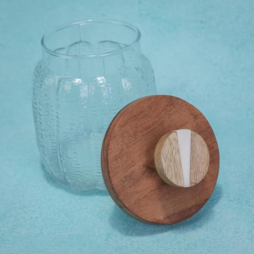 Image of Ireka Home Ripple Glass Jar with Wooden Lid | Multipurpose Stackable Glass Jar with Lid | Storage Container for Dry Fruits Grains Pulses Cereals Cookies