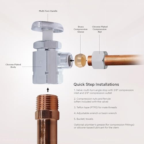 Image of Midline Valve 71112QS-OM-5 Water Supply Stop Valve with Multi-Turn Wheel; Angle Shut-off for Toilet, Sink, Dishwasher, Heater; 1 /2'' FIP x 3 /8'' Compression; Chrome Plated Brass (5 PK)