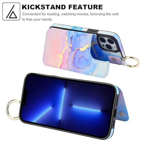 Image of HAOPINSH for iPhone 13 Pro Max Wallet Case with Card Holder, Pink Blue Marble Print Back Flip Folio PU Leather Kickstand Card Slots Case, Finger Grip Ring Double Magnetic Clasp Shockproof 6.7 inch