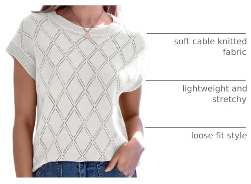 Image of SHEWIN Womens Tops Crewneck Cable Knit Short Sleeve Sweater Loose Lightweight Blouses Dressy Casual Pullover Sweaters Top