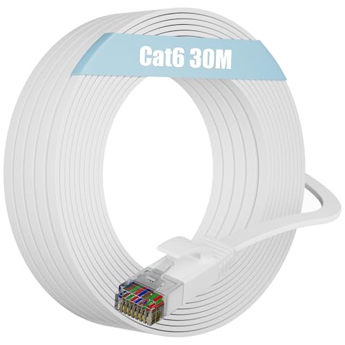 Soibke Cavo Ethernet 30 Metri, Cat 6 Cavo LAN 30m Alta Velocità Cavo di Rete Patch Ethernet Gigabit Cavo RJ45 Piatto Cavi Internet Lungo Bianco Compatibile con Cat5/Cat5e per Router, Modem
