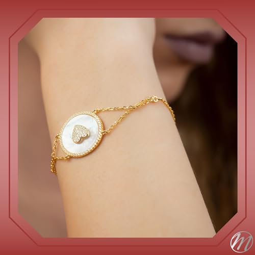 Image of Sterling Silver Bracelet Heart in Circle Disc Mother of Pearl Simulated Diamonds Double Chain 7.5 inch
