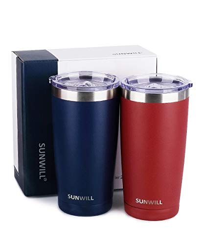 Image of SUNWILL Travel Coffee Mug with Lid, 20 oz Tumbler Set of 2, Insulated Stainless Steel Cup for Water, Tea, Powder Coated Wine & Navy