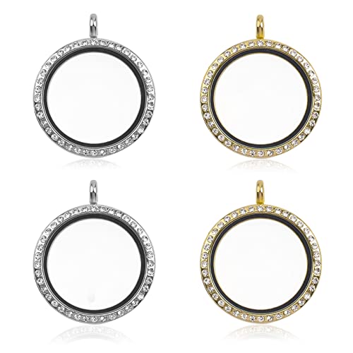 WANDIC Rhinestone Photo Charm, 4 Pcs Round Crystal Photo Pendant Bridal Wedding Bouquet Charms Memory Locket for 2 Pictures