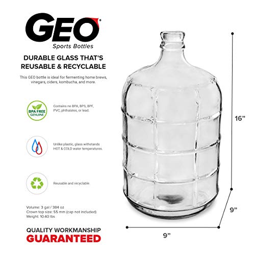 geo sports bottles 3 gallon round glass carboy fits 30mm cork finish or 55mm push cap home brew clear glass bt3gg