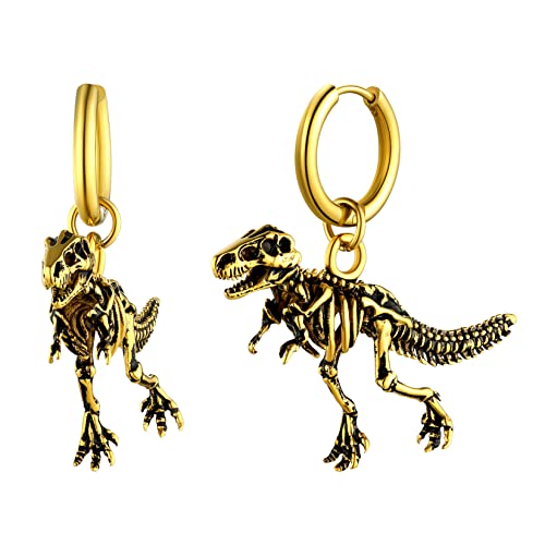 U7 Dragon Earrings Stainless Steel/18K Gold/Black/S925 Sterling Silver Hoop Earrings for Men Women, Personalized Punk Rock Huggie Earrings, Hypoallergenic 03.Tyrannosaurus Rex-Gold