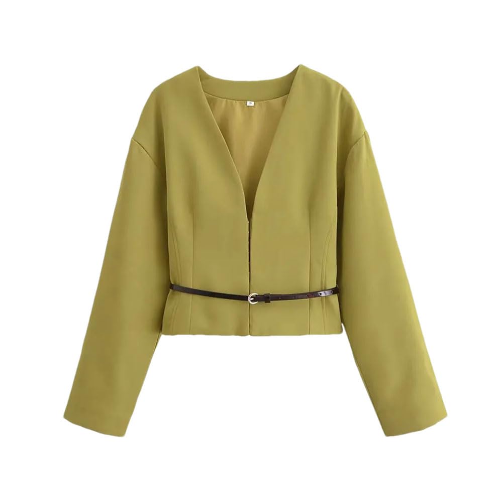 Womens V Neck Slim Fitted Long Sleeve Blazer Coat with Belt