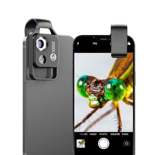 Yunseity Microscope de téléphone 200X, microphone de poche, fixation d'objectif d'appareil photo avec clip universel, objectif CPL intégré, pour smartphones Android 99 % (noir)