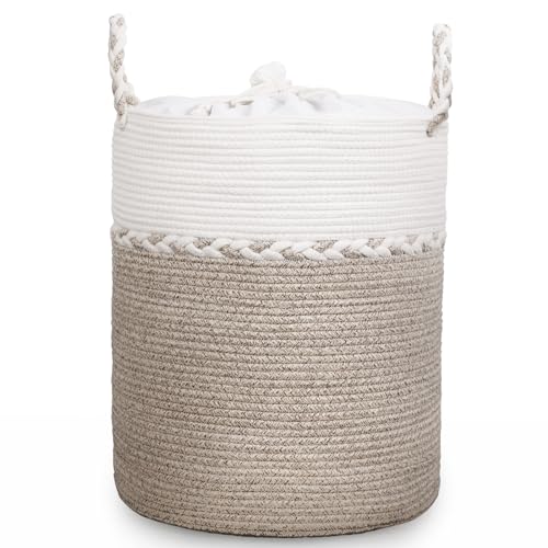 Autumnlife Cotton Rope Laundry Basket with Drawstring, Woven Toy Storage Blanket Baskets with Handle, Large Rope Basket Woven Storage for Cloths Diaper Blanket Toy Towel, White & Desert