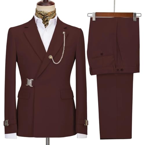 Generic Burgundy Men Suit 2 Pieces Slim Solid Color with Metal Buttons Suitable for Wedding Banquet Jacket with Pants2