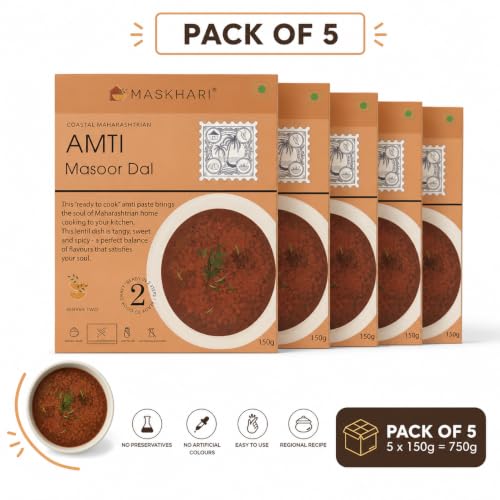 Image of Maskhari Ready to Eat Amti Masoor Dal, Pack of 5 x 150g | Authentic Maharashtrian Masoor Dal | Heat & Eat Instant Indian Ready Meal | High Protein | No Preservatives | No Artificial Colors | Ideal for Travel, Office & Camping