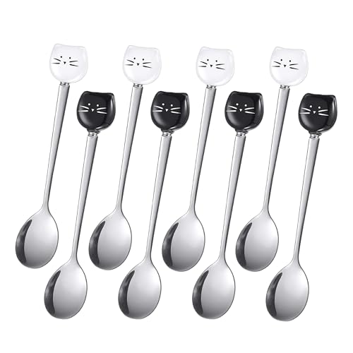 8 cucharas de café de acero inoxidable con cabeza de gato, gato de acero inoxidable cucharas de té, cuchara de cerámica de acero inoxidable para Cuchara Heladera para Revolver Té Azúcar