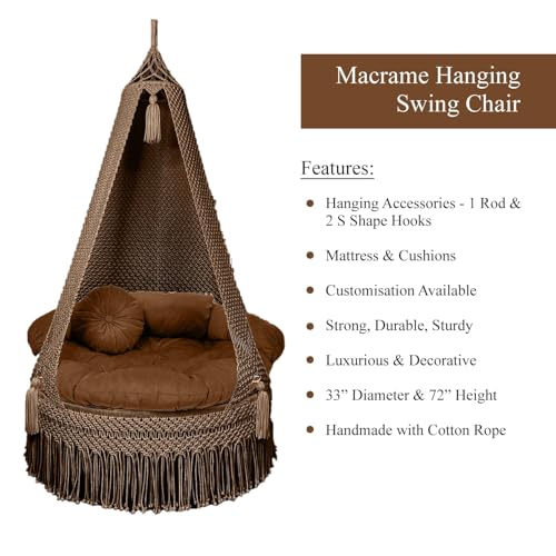 Image of Macrame Hanging Chair Swing with Cushion | Handmade Boho Hammock Chair for Adults & Kids | Indoor Outdoor for Balcony, Living Room, Bedroom, Patio & Garden (Brown)