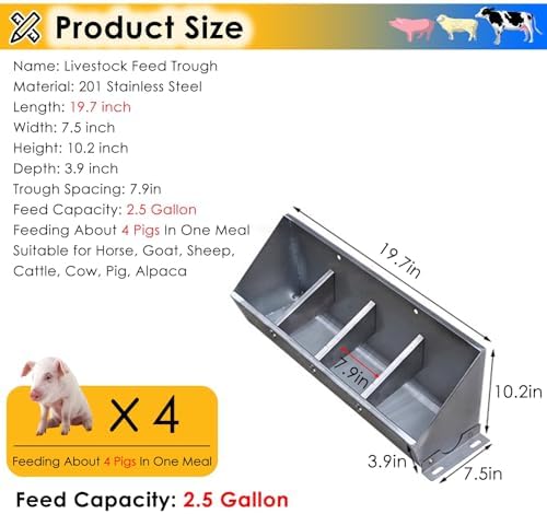 Heavy Duty 2 in 1 Livestock Feed Trough for Pigs, Sheep, & Cattle - Stainless Steel Goat Feeders, Hanging Design with Sloped Opening, 39.4" Long, Easy Feeding Solution