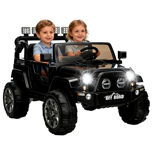 24V Electric Car for Kids, 2-Seater Ride on Toy Car Truck for Big Kids Age 3-8, Remote Control, Music, Safety Belt, LED Light, Birthday Gift Black