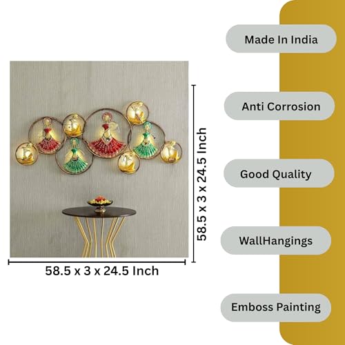 Image of Bharat Art Metal 9 Kalbeliya LED Ring Doll Wall Art | Decorative Metal Wall Sculpture for Living Room Bedroom Home Office | Multicolor (58.5 x 3 x 24.5 Inch) W065