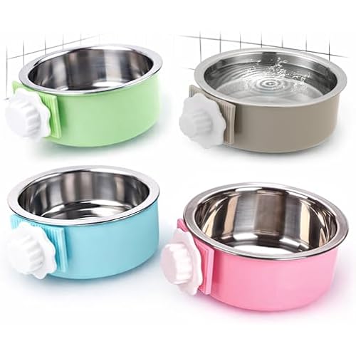 Mechpia 4 Pieces Crate Dog Bowl, Removable Stainless Steel Pet Kennel Hanging Food Water Feeder Bowl Cage Coop Cup for Puppy Medium Dog Cat Rabbit Ferret Bird