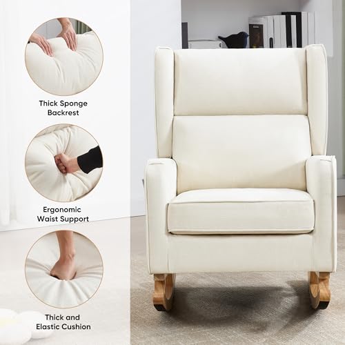 Image of HCHAIRH Nursery Rocking Chairs, Rocking Chair Nursery for Mom Nursery Rocker with High Backrest and Solid Wood Legs, Beige Modern Wingback Accent Chairs for Reading Living Room Bedroom