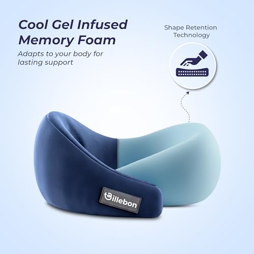 Image of Billebon Gel Infused Memory Foam Neck Pillow, Travel Pillow with Adjustable Velcro Straps, Neck Pillow for Travelling & Flight Travel, Ergonomic Support for Comfort & Pain Relief (Navy Blue)