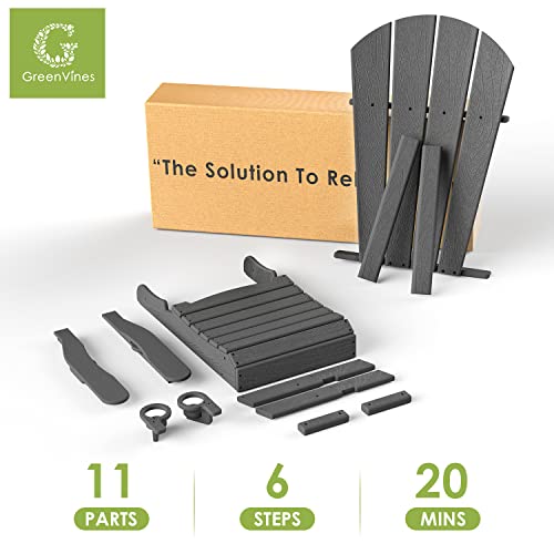 Greenvines Folding Adirondack Chair With Adjustable Back & Ottoman, Wood Grain Hdpe All-Weather Poolside Chairs W/Cup Holders & Footrest For Fire Pit Campfire Deck Patio Outdoor Lawn, Grey #TOP6