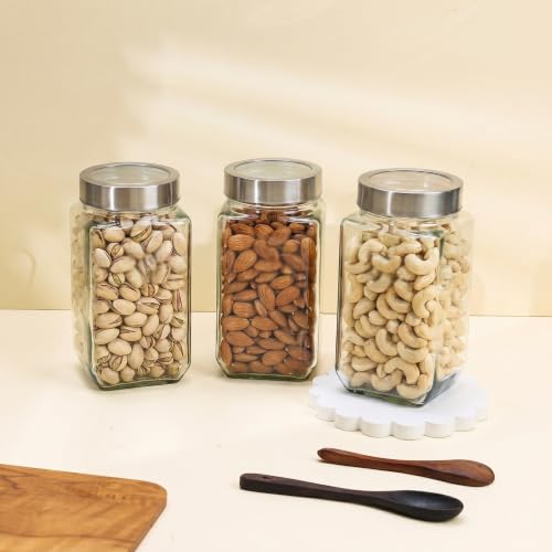 Image of Glass Jars 1000ml - Set of 6 Glass Storage Containers with Stainless Steel Airtight Lids for Kitchen, Dry Fruits, Pickles, Spices | Glass Containers for Kitchen | Glass Jars for Kitchen 1kg (6)