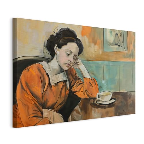 Tableau sur toile femme café table avec impression artistique moderne Wallero