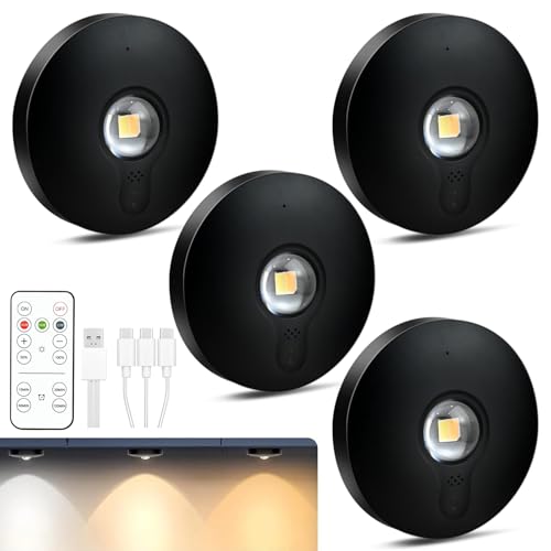 Under Cupboard Kitchen Lights with Remote, 4 Pack USB Wireless Rechargeable LED Puck Lights with 3 Colors & Timing Function, Dimmable Stick On Light for Closet Wardrobe Cabinet Display Shelf, Black