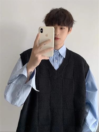 Men's Clothing Long Plaid Knit Sweater Loose Fit Vest Sleeveless Waistcoat Japanese Retro Vest3