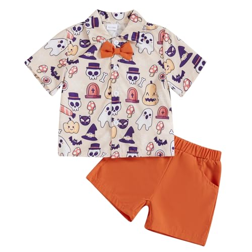 Rtnnsbbfcm Toddler Baby Boy Halloween Outfit Short Sleeve Bow Tie Pumpkin Ghost Button Down Shirt Top Shorts 2Pcs Set (Beige, 12-18 Months)