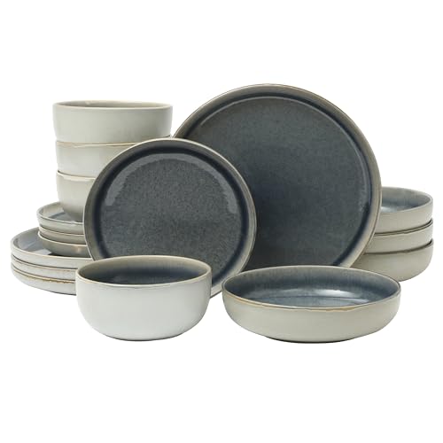 Image of Gibson Elite Sunveil 16 Piece (Service for 4) Plates and Bowls Reactive Glaze Round Dishes Stoneware Ceramic Dinnerware Set -Blue