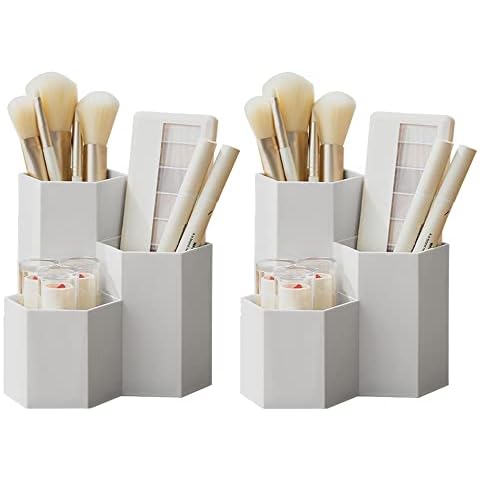 Tohoee Make-up Pinselhalter mit weißen Perlen Transparent Acryl Kosmetischer Organisator Hexagonal Fernbedienungsinhaber Aufbewahrungskiste (Weiß - 2 Stück) Cover