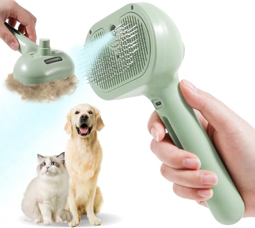 Image of Cat Steam Brush for Shedding - Self Cleaning Pet Grooming Brush with Water Spray - Hair Removal Comb for Indoor Cats (Green)