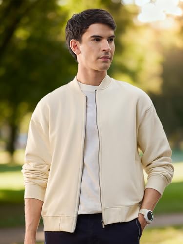 Image of Nobero Men's Premium Fleece Bomber Jacket | 280 GSM Fabric | Regular Fit Zip-Up Outerwear | Shirt Collar | Ribbed Cuffs & Hem | Casual Winter Layering Jacket