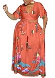 Plus Size Two Piece Skirt Set for Women Sexy Clubwear V Neck Print Tie Up Top and Long Maxi Skirt...
